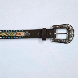 Nocona Western Belt Woven Southwestern Pattern Conch Turquoise Silver Buckle
